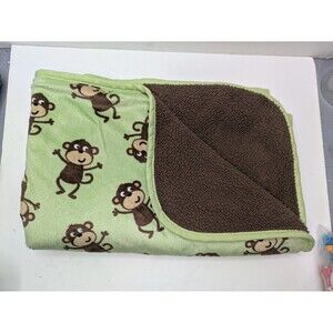Carters Green Brown Monkey Baby Blanket Sherpa Minky 30"x40"